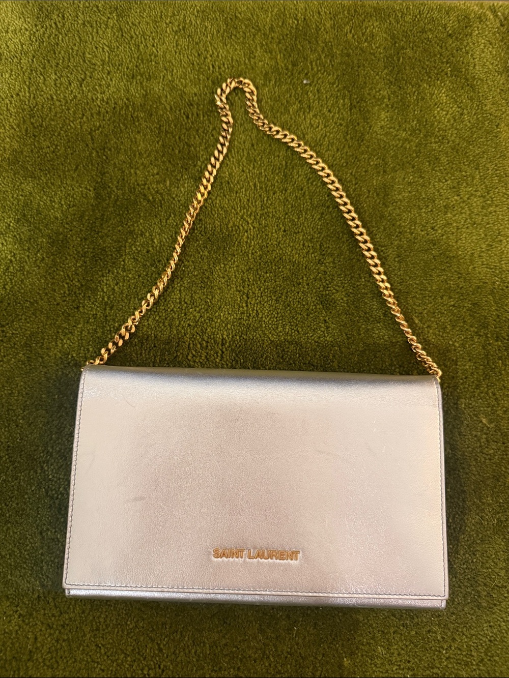 Saint Laurent Silver Metallic Leather Shoulder Bag with Gold Chain